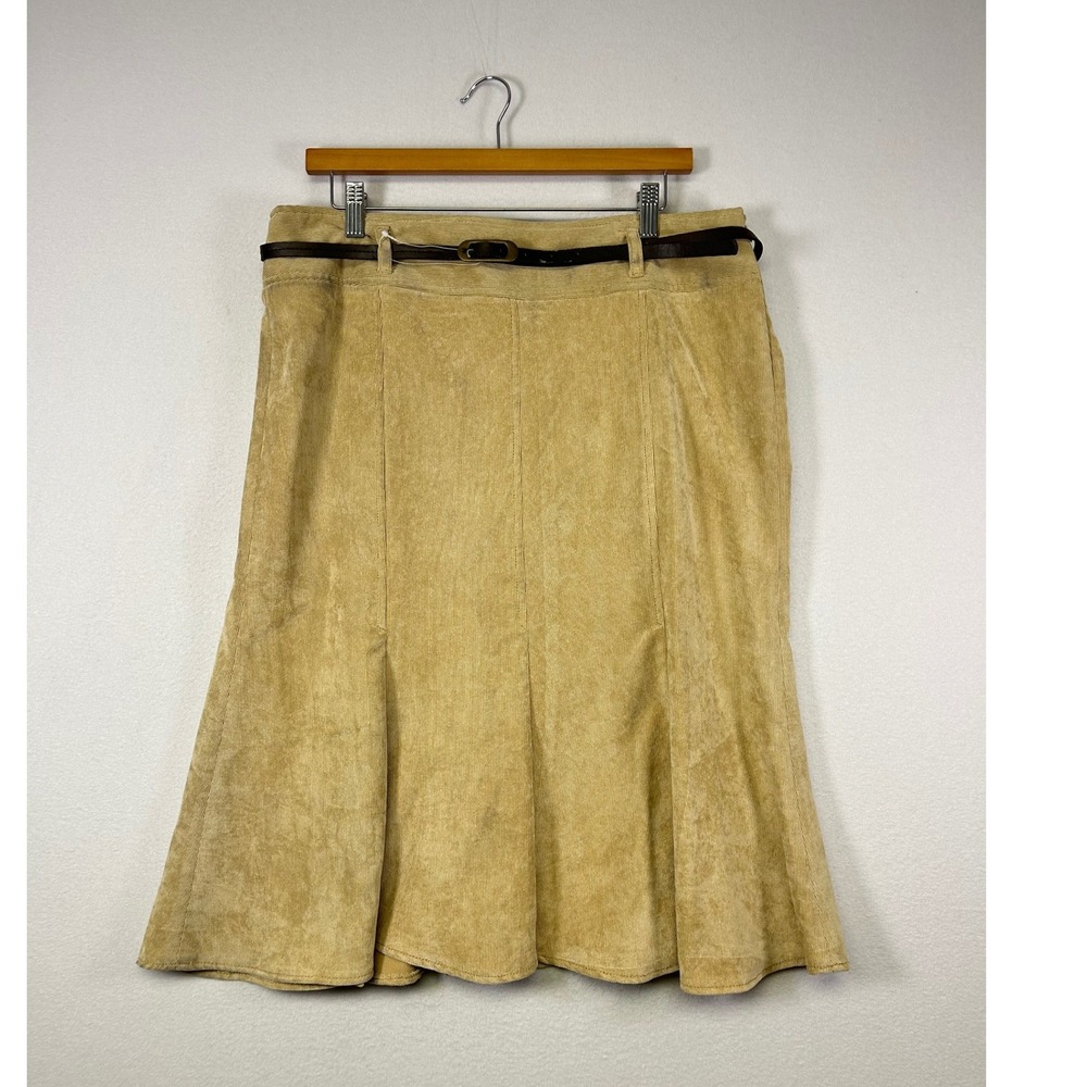 Dark Academia Larry Levine Women 14‎ Tan Corduroy Flared Belted Midi Skirt